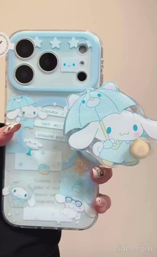 Blue Cinnamoroll Case with Liquid Shaker Grip & Charm, Cute Puppy Cover iPhone 17 16 15 14 Pro Max, Kawaii Pastel Umbrella Gift