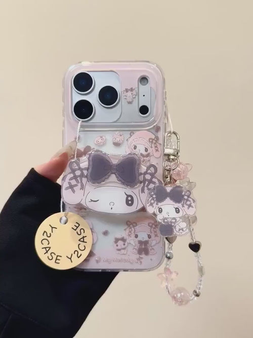 Kuromi Style My Melody Glitter Case w/ 3D Grip Charm, Goth Jirai Kei Cover iPhone 17 16 15 14 Pro Max, Dark Cute Anime Bow Gift for Her Pink