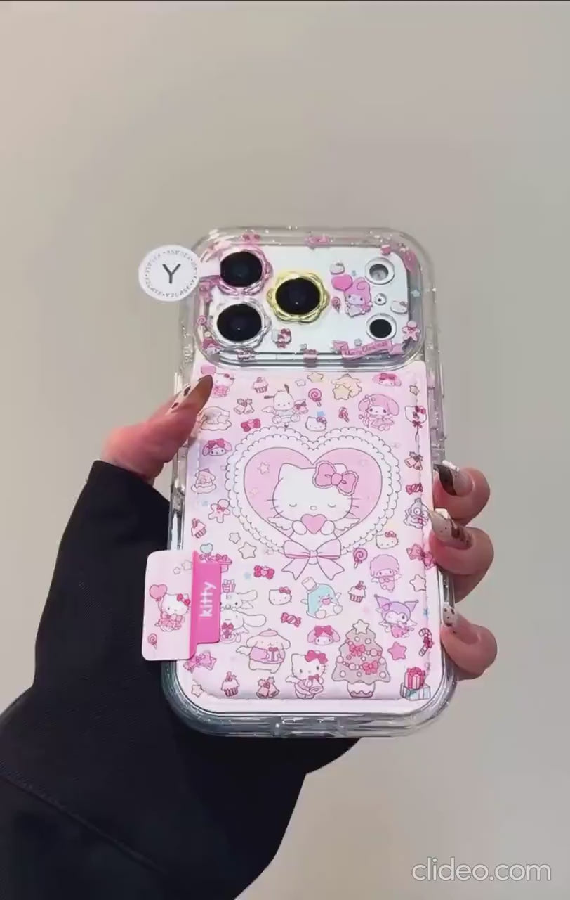 Hello Kitty Christmas Wallet Case with Charm, Pink Holiday Card Holder Cover iPhone 17 16 15 14 Pro Max, Cute Kawaii Sanrio Winter Gift
